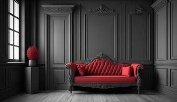 interno buio parete con di legno muffe e di legno intaglio decorazioni e rosso divano . vecchio classico vittoriano interno stile. generativo ai foto