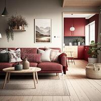 accogliente vivente camera con rosso divano nel scandinavo stile moderno interno design. generativo ai foto