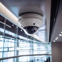 sicurezza, cctv macchine fotografiche nel il ufficio costruzione, e casa sicurezza sistema concetto con sfocatura sfondo. all'aperto cctv sicurezza telecamera installato su il edificio parete nel il città. generativo ai foto