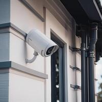 sicurezza, cctv macchine fotografiche nel il ufficio costruzione, e casa sicurezza sistema concetto con sfocatura sfondo. all'aperto cctv sicurezza telecamera installato su il edificio parete nel il città. generativo ai foto