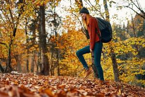 bellissimo donna con un' zaino nel il parco su natura paesaggio caduto le foglie parte inferiore Visualizza foto