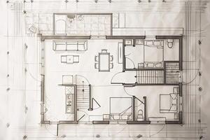 architettonico Piano su bianca carta. tecnico progetto di vivente camera. disegno per costruzione. creato con generativo ai foto