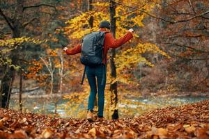 donna nel un' maglione e jeans e stivali nel autunno nel un' parco nel natura vicino il fiume foto