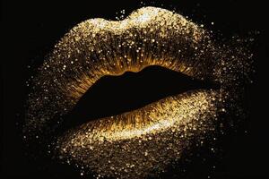 labbra su oro luccichio, colorato femmina labbra con luccichio e gocce su nero sfondo, generativo ai. foto
