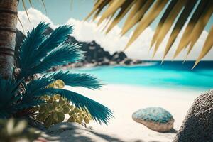 tropicale spiaggia con blu acqua e palma alberi, estate paesaggio illustrazione generativo ai foto