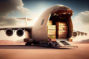 carico aereo scarica contenitori con scatole, aria nolo illustrazione generativo ai foto