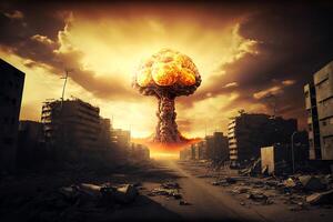 epico nucleare esplosione nel il città illustrazione generativo ai foto