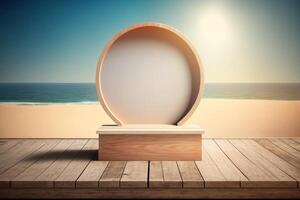 di legno podio con vuoto spazio con estate sole e spiaggia generativo ai foto