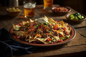 piatto di nachos ammucchiati alto con fuso formaggio e Jalapenos generativo ai foto