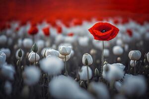 un' campo con bianca papaveri e uno rosso fioritura fiore generativo ai foto