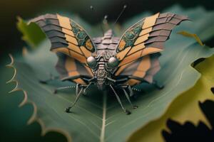 robotica farfalla seduta su verde foglia illustrazione generativo ai foto