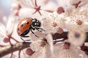 coccinella su rosa fiori generativo ai foto