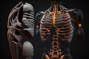 umano anatomico scheletro con muscoli e tendini illustrazione generativo ai foto