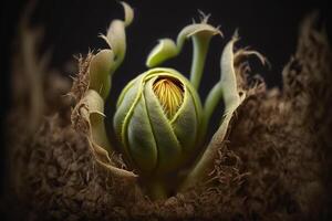 un' pianta arriva su di un' seme nel il terra generativo ai foto