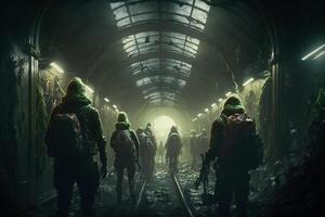 un' folla di zombie nel il metropolitana tunnel illustrazione generativo ai foto