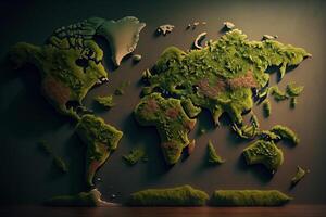 verde muschio coperto mondo carta geografica, geografia pianeta illustrazione generativo ai foto