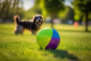 cane animale domestico nel il parco giocando con un' palla su un' verde prato generativo ai foto