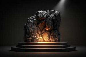 vuoto illuminato podio e pietre roccia illustrazione generativo ai foto