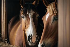 Due cavalli nel un' stabile nel un' stalla illustrazione generativo ai foto