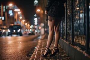 femmina gambe vicino il club su il notte strada nel il leggero di lanterne generativo ai foto