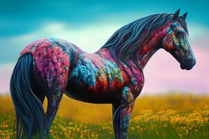 arcobaleno colorato cavallo nel il prato, bellissimo Fata animale illustrazione generativo ai foto