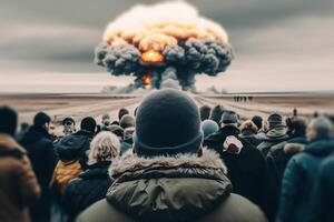 persone Guardando un' nucleare esplosione illustrazione generativo ai foto