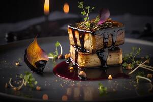 scottato foie gras servito con un' Figura riduzione e balsamo generativo ai foto