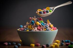 cereale nel prima colazione ciotola pieno con un' miscela di colorato frutta palle generativo ai foto