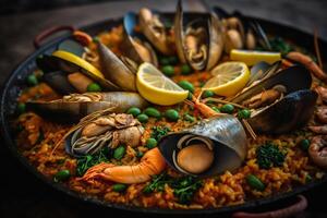 spagnolo piatto riso e frutti di mare paella scoppiando generativo ai foto