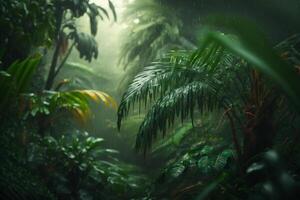 verde giungla foglia nel pioggia natura sfondo illustrazione generativo ai foto