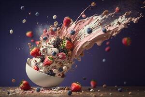 dolce latte Yogurt con frutta frutti di bosco volo illustrazione generativo ai foto