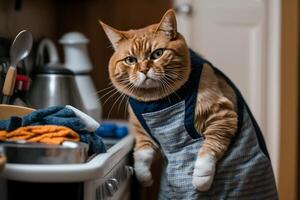 gatto cucinare nel un grembiule cuochi nel il cucina generativo ai foto