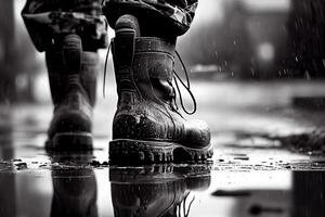 soldato militare gamba nel bagnato stivali nel il pioggia cattivo tempo metereologico illustrazione generativo ai foto