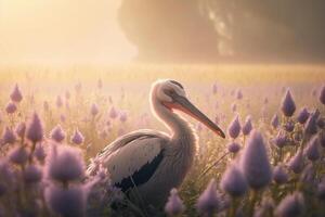 cicogna nel il mattina sole nel un' lavanda fiore campo, uccello su Alba generativo ai foto