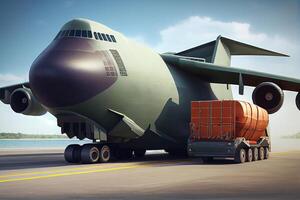 aereo carico mezzi di trasporto di aereo, scarico contenitori di scatole a il aeroporto illustrazione generativo ai foto