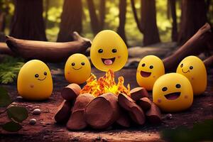 divertente emoticon su natura, emoji amici siamo riscaldamento loro stessi di il fuoco nel il foresta illustrazione generativo ai foto