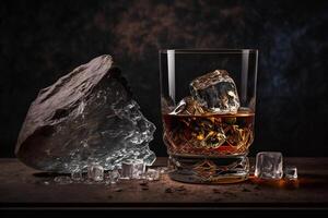 Marrone whisky con ghiaccio su un' buio sfondo con un' decorativo pietra generativo ai foto