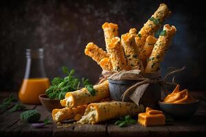 in profondità fritte d'oro formaggio bastoni merenda generativo ai foto