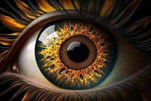 bulbo oculare con ambra iris macro avvicinamento illustrazione generativo ai foto