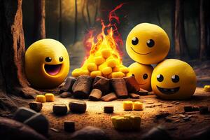 divertente emoticon su natura, emoji amici siamo riscaldamento loro stessi di il fuoco nel il foresta illustrazione generativo ai foto