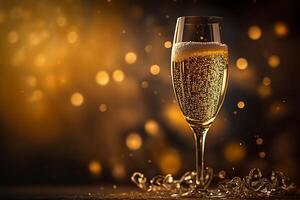 celebrare vacanza bolla carbonato Champagne nel bicchieri e sfondo con giallo luci bokeh generativo ai foto
