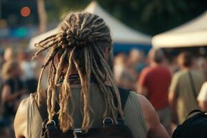 hippie uomo con dreadlocks nel Festival indietro Visualizza illustrazione generativo ai foto