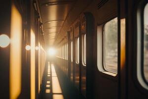 soleggiato mattina al di fuori il finestra nel il treno corridoio, viaggi e viaggio concetto illustrazione generativo ai foto
