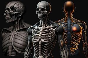 umano anatomico scheletro con muscoli e tendini illustrazione generativo ai foto