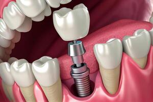 installazione impiantare dente, metallo vite e bianca corona dente di un' dentale cura illustrazione generativo ai foto