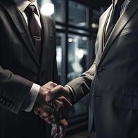 Due fiducioso attività commerciale uomo tremante mani durante un' incontro nel il ufficio, successo, condotta, saluto e compagno concetto. generativo ai. foto