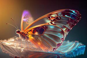 bellissimo cristallo farfalla avvicinamento con i raggi del sole. bicchiere trasparente magico creatura, vetroso Ali generativo ai design foto