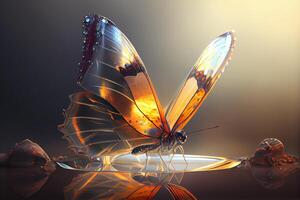 bellissimo cristallo farfalla avvicinamento con i raggi del sole. bicchiere trasparente magico creatura, vetroso Ali generativo ai design foto
