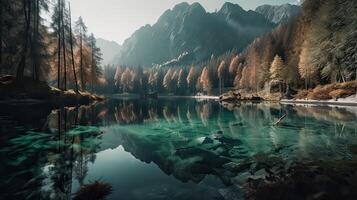 fantastico montagna lago nel triglav nazionale parco. collocato nel il bohinj valle di il julian Alpi. drammatico insolito scena. slovenia, Europa. bellezza mondo. generativo ai. foto