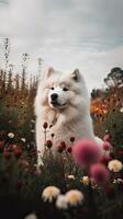 cane di il Samoiedo razza si siede contro il sfondo di un' fioritura prato. contento cane. generativo ai foto